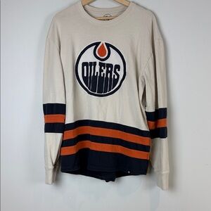 Edmonton Oilers ‘47 Cream and Navy Crewneck Sweater with Orange Accents - Size L